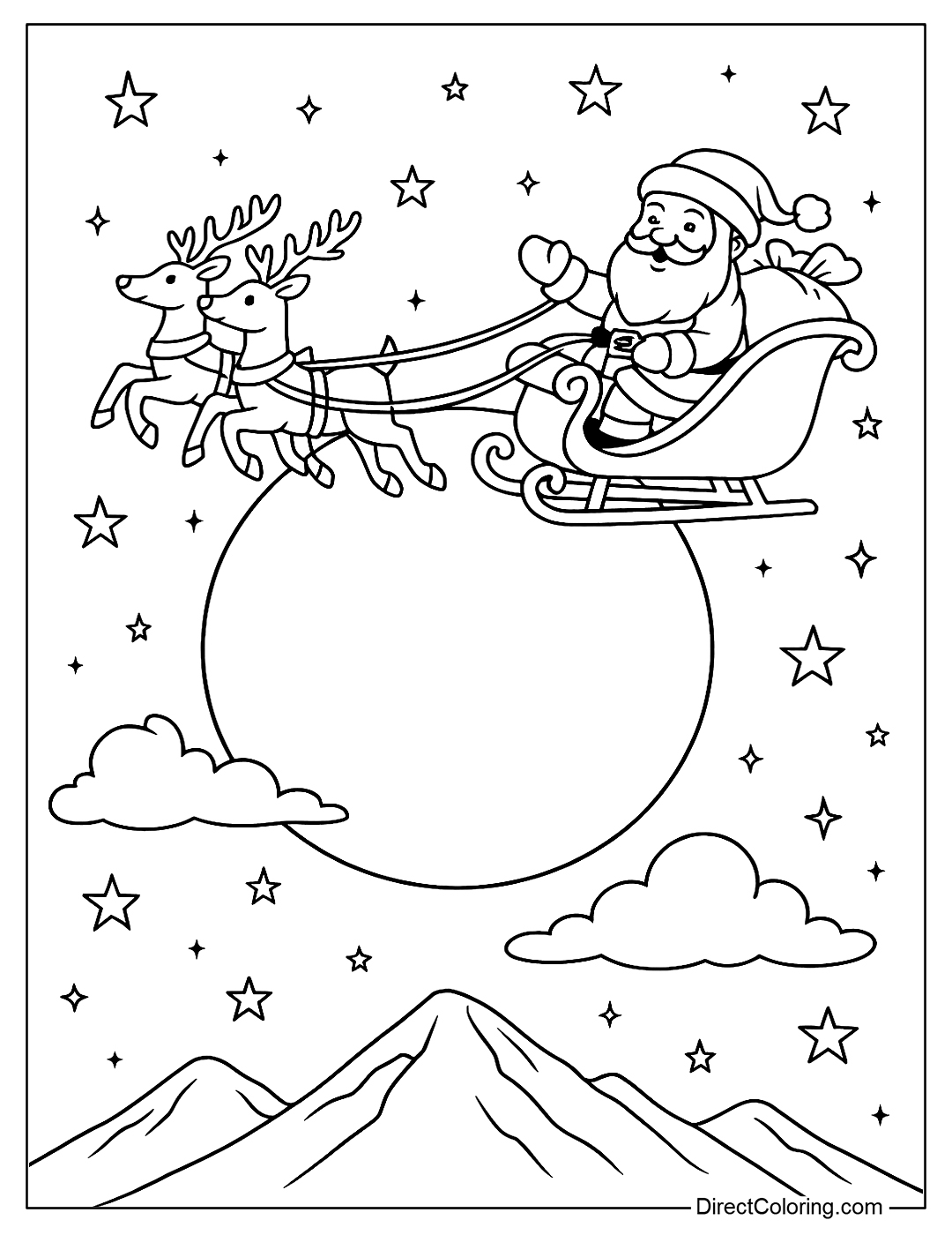 Santa Claus riding a reindeer sleigh flying in front of the moon on Christmas Eve